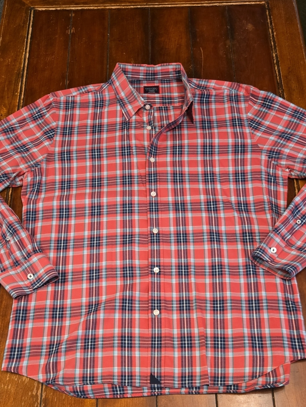 UNTUCKit Men's Red Plaid Button-Down Shirt with Navy and White